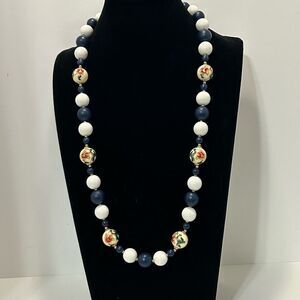 Vtg Japan Beaded Necklace 28” Blue White Hand Painted Wedding Cake Round Beads